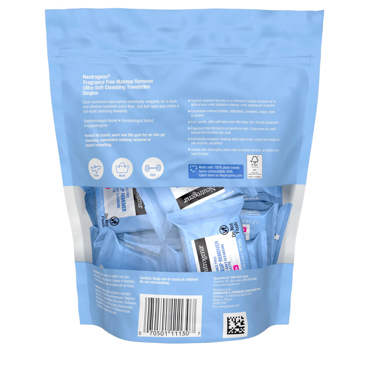 Neutrogena wipes in a travel bag illustrating easy refresh anywhere benefit