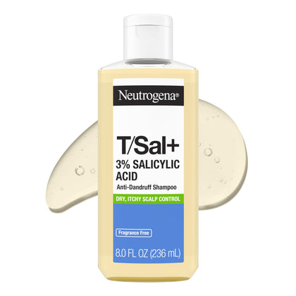 Neutrogena T/Sal+ front packaging showing bottle and label promoting flake control