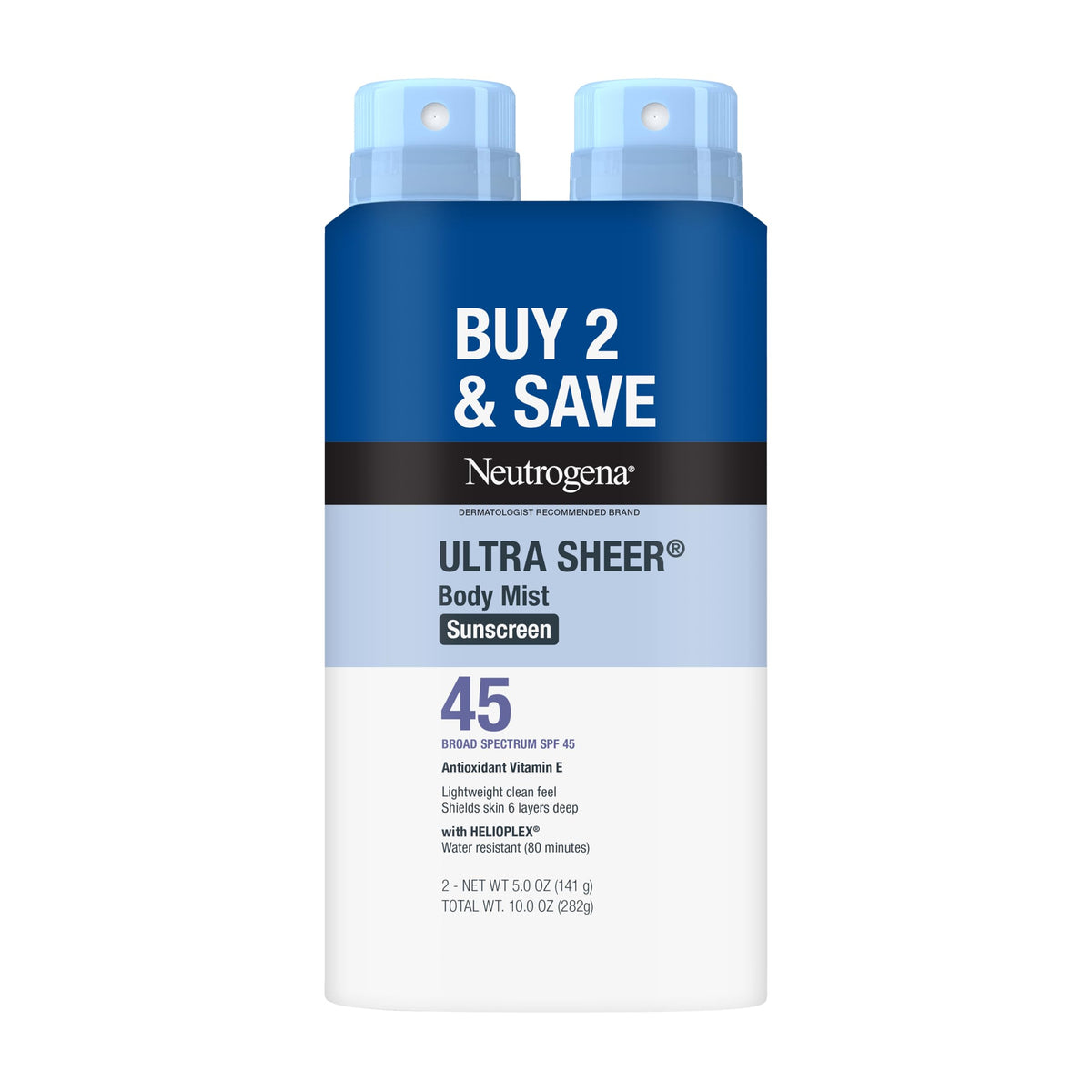 Neutrogena front packaging showing SPF 45 and twin pack for travel convenience