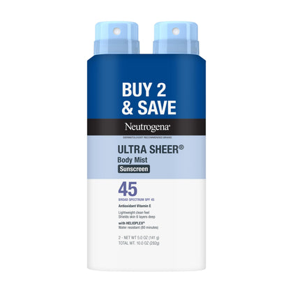 Neutrogena front packaging showing SPF 45 and twin pack for travel convenience
