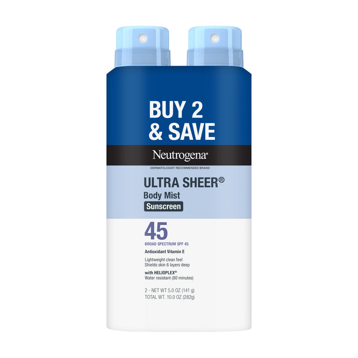 Neutrogena front packaging showing SPF 45 and twin pack for travel convenience