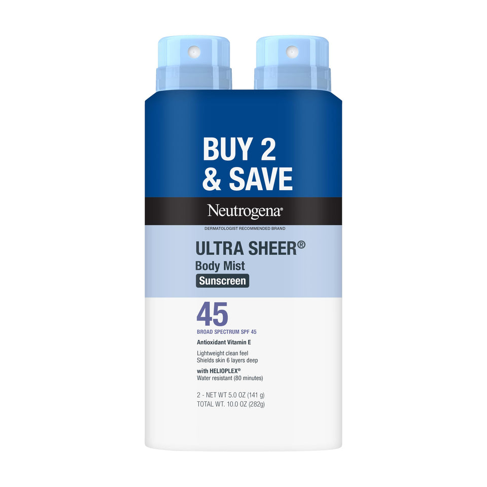 Neutrogena front packaging showing SPF 45 and twin pack for travel convenience