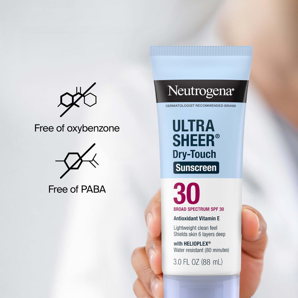 Neutrogena product label close-up listing active ingredients and broad-spectrum benefit