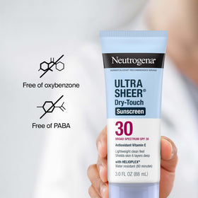 Neutrogena product label close-up listing active ingredients and broad-spectrum benefit