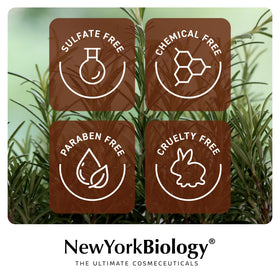 New York Biology shampoo placed in bathroom showing hydrated hair routine