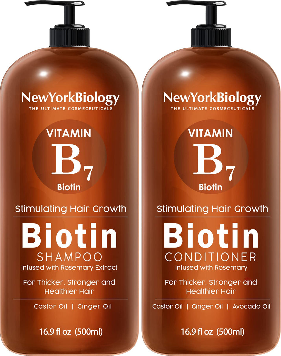 NEW YORK BIOLOGY front view of shampoo and conditioner set, shows packaging and benefit