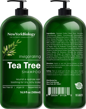 New York Biology label close-up on bottle, readable ingredients and tea tree branding for trust