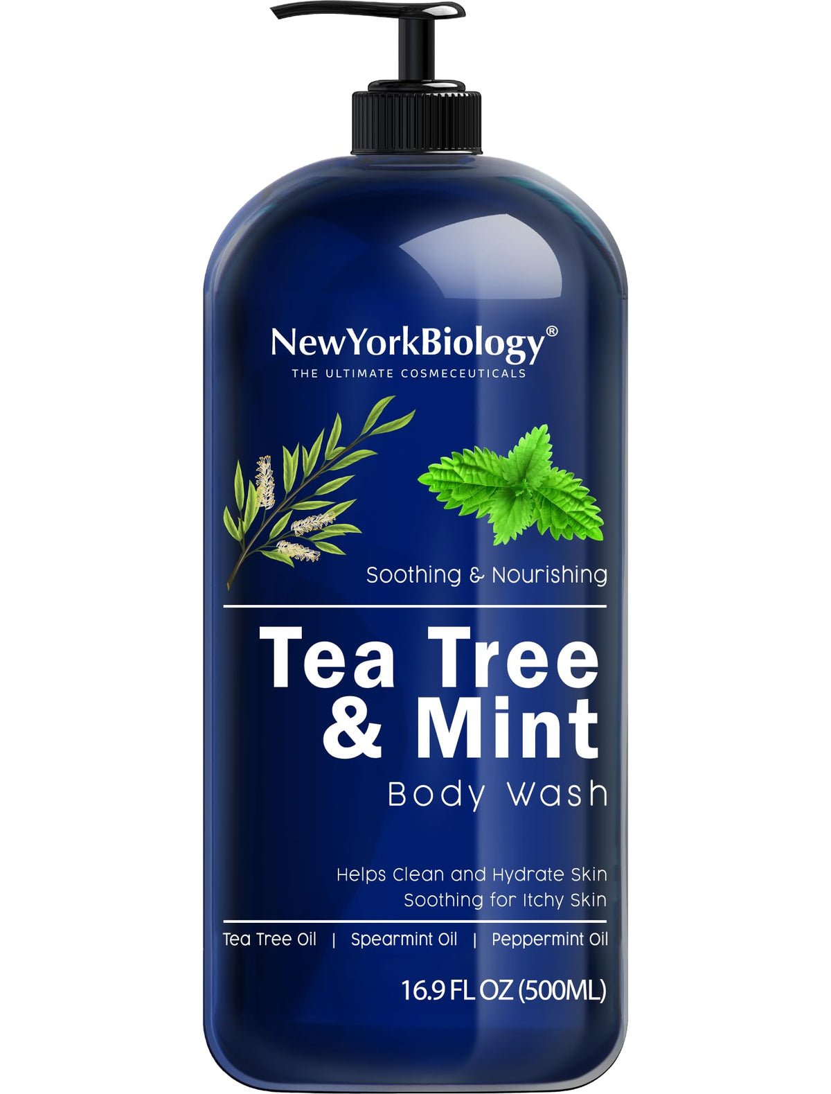 New York Biology front bottle showing label and 16.9 fl oz size, highlighting refreshing benefit