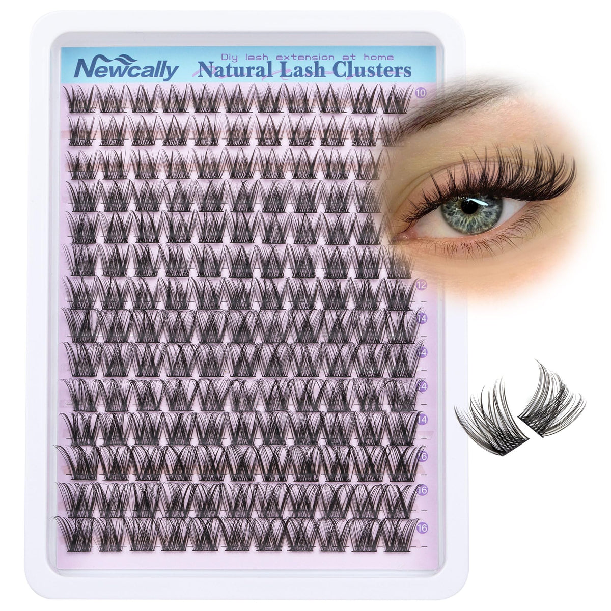 Newcally front packaging showing cluster lashes and benefits