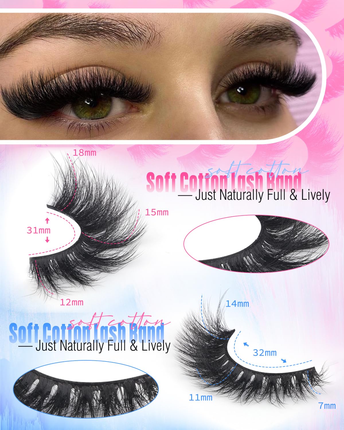 Newcally lashes applied on eye demonstrating dramatic 18mm cat-eye effect