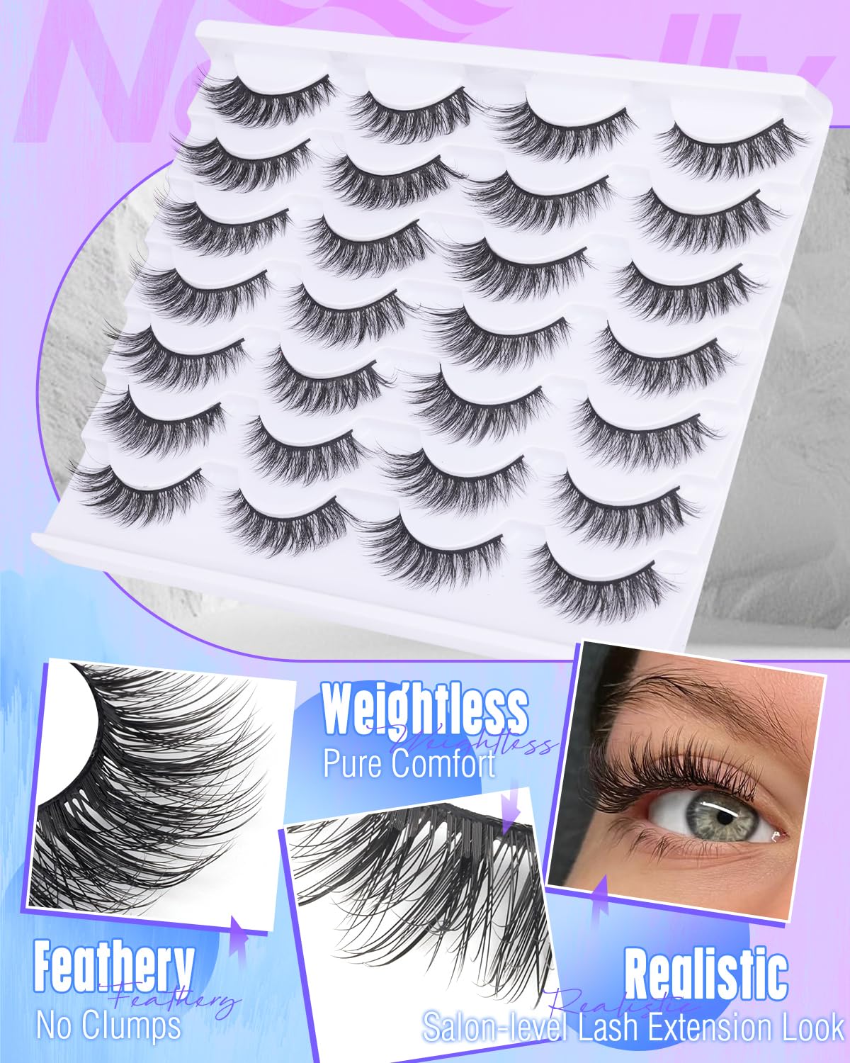 Newcally lashes applied on model eye showing subtle cat-eye lift benefit