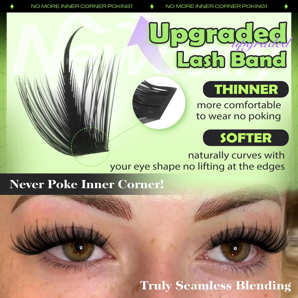 Newcally ultra-thin lash band macro showing comfort and natural inner-corner fit