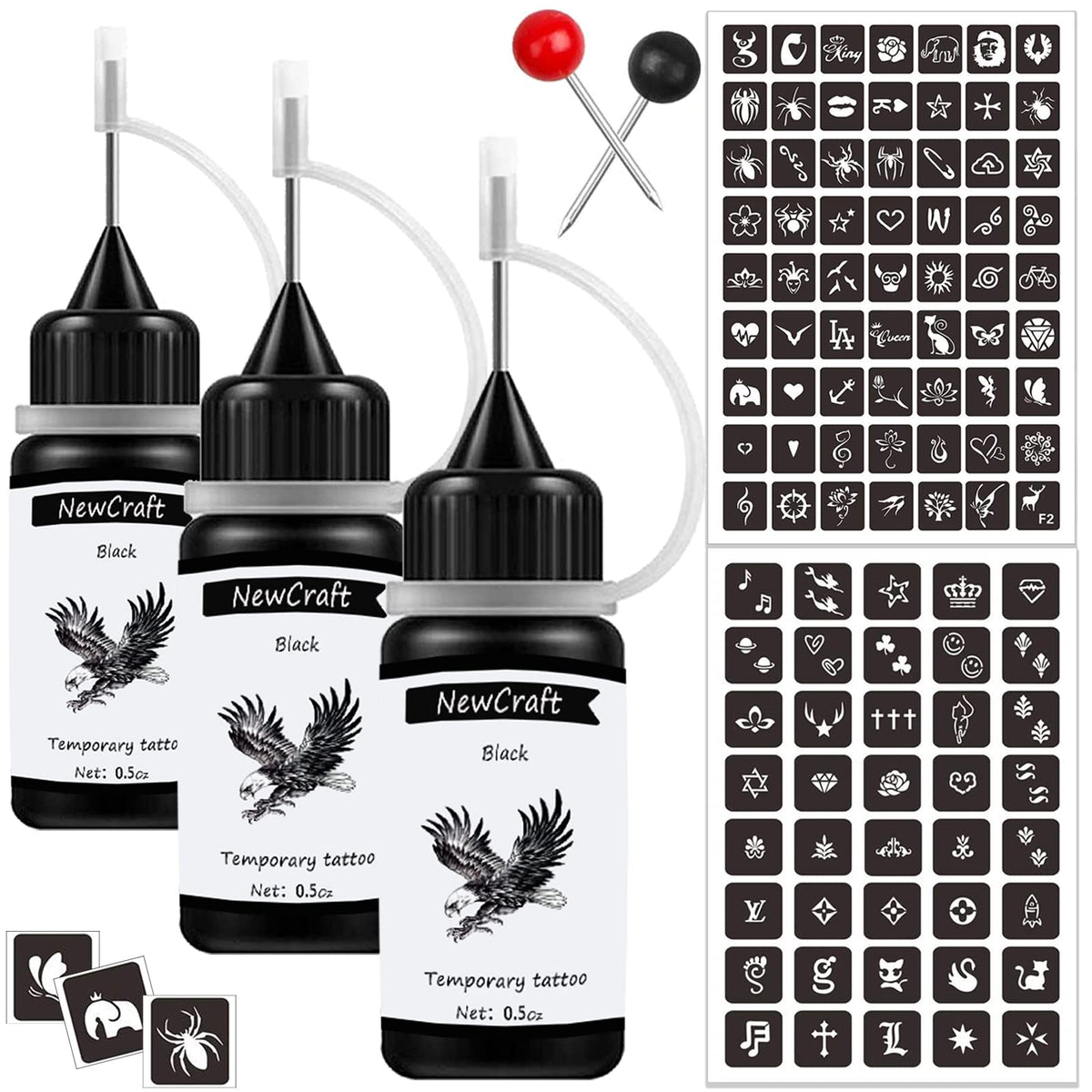 NewCraft front packaging showing three black ink bottles and stencils, clear kit overview