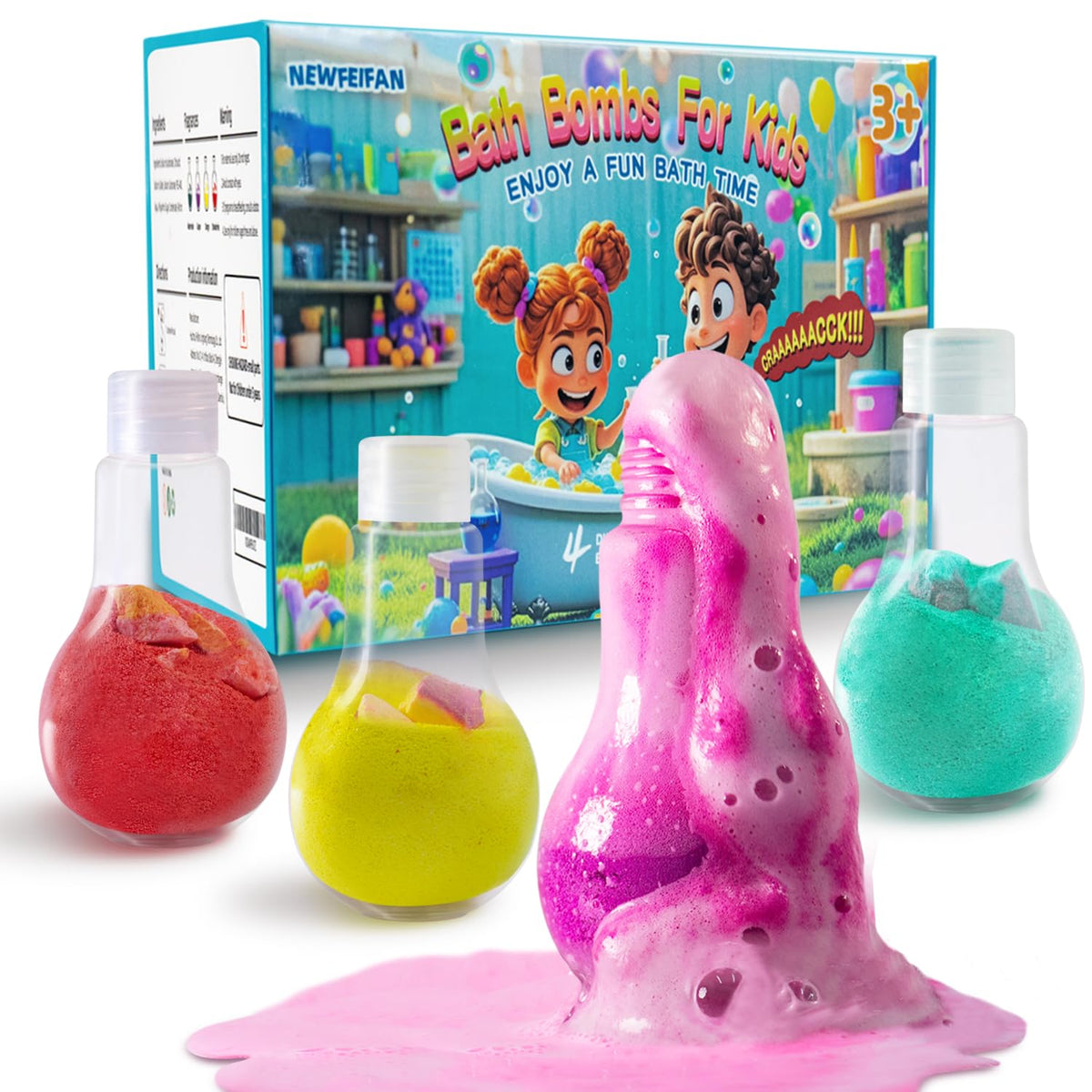 NEWFEIFAN front packaging showing colorful bath bomb set and playful design benefits