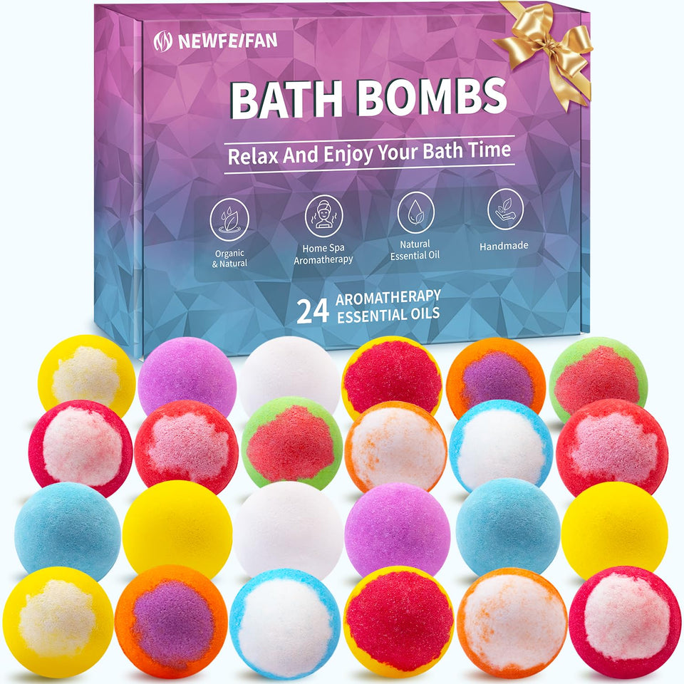 NEWFEIFAN front packaging showcasing 24 bath bombs and gift-ready box for convenience