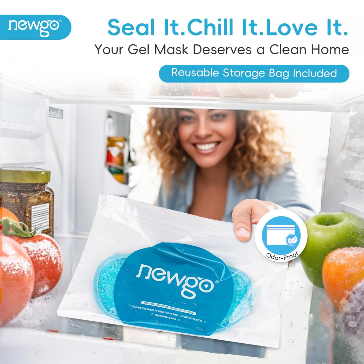 NEWGO eye mask in resealable bag ready for freezer storage and clean keeping