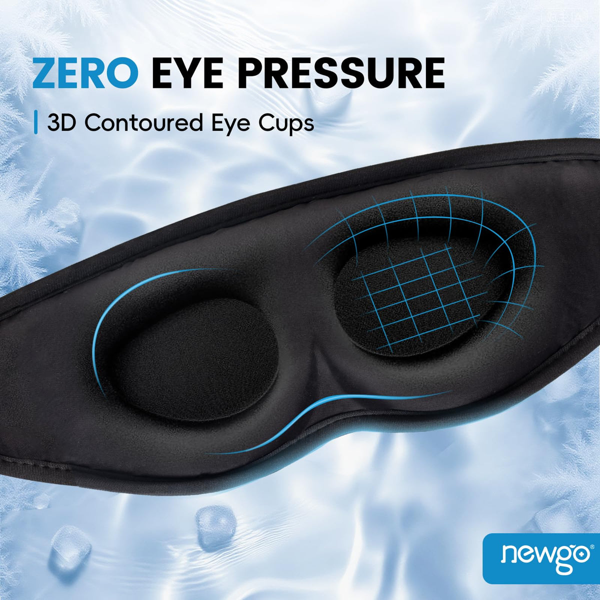 NEWGO worn by sleeper on pillows demonstrating restful blackout benefit