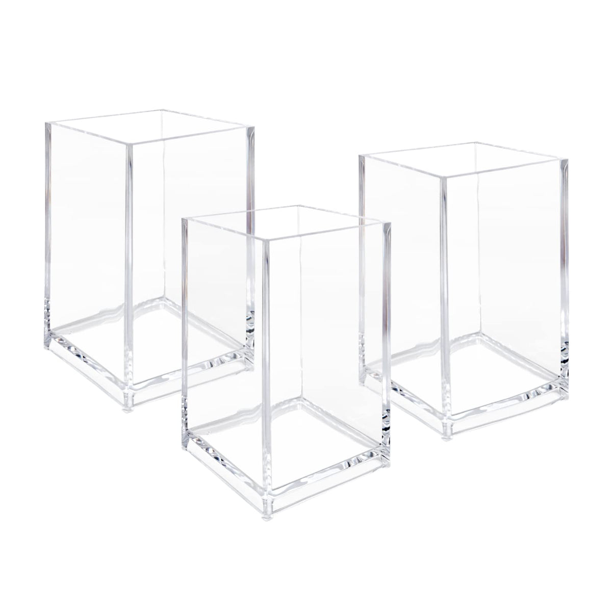 Newkita front view of three clear acrylic cups showing neat storage benefit