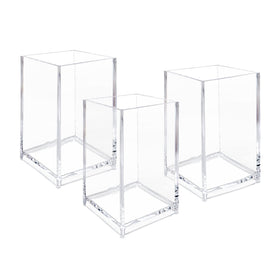 Newkita front view of three clear acrylic cups showing neat storage benefit