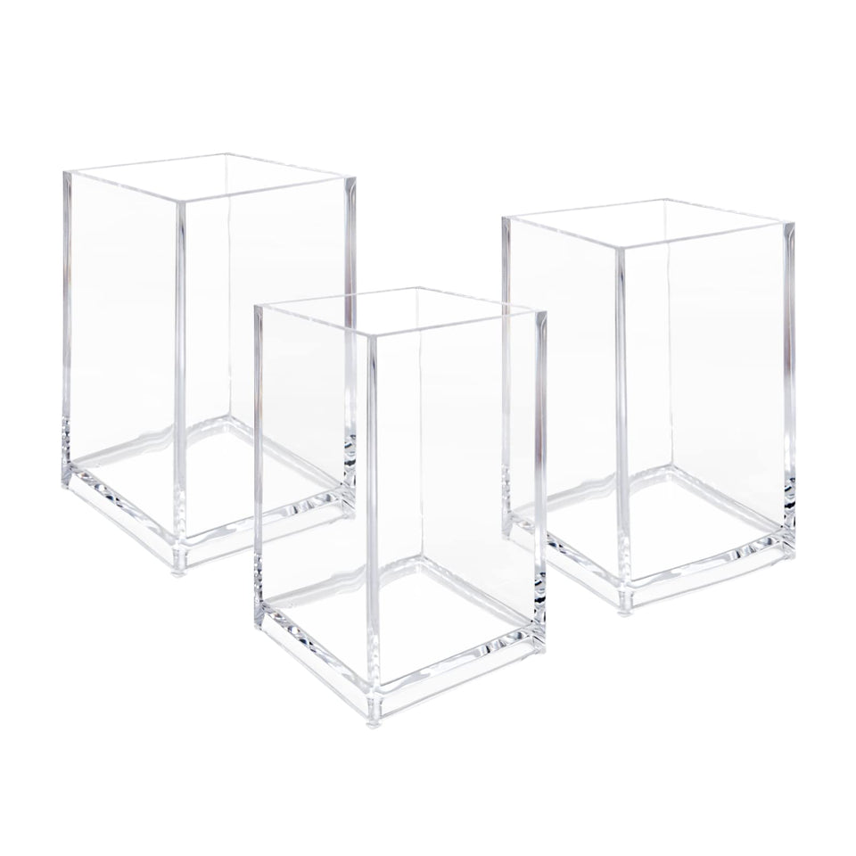 Newkita front view of three clear acrylic cups showing neat storage benefit