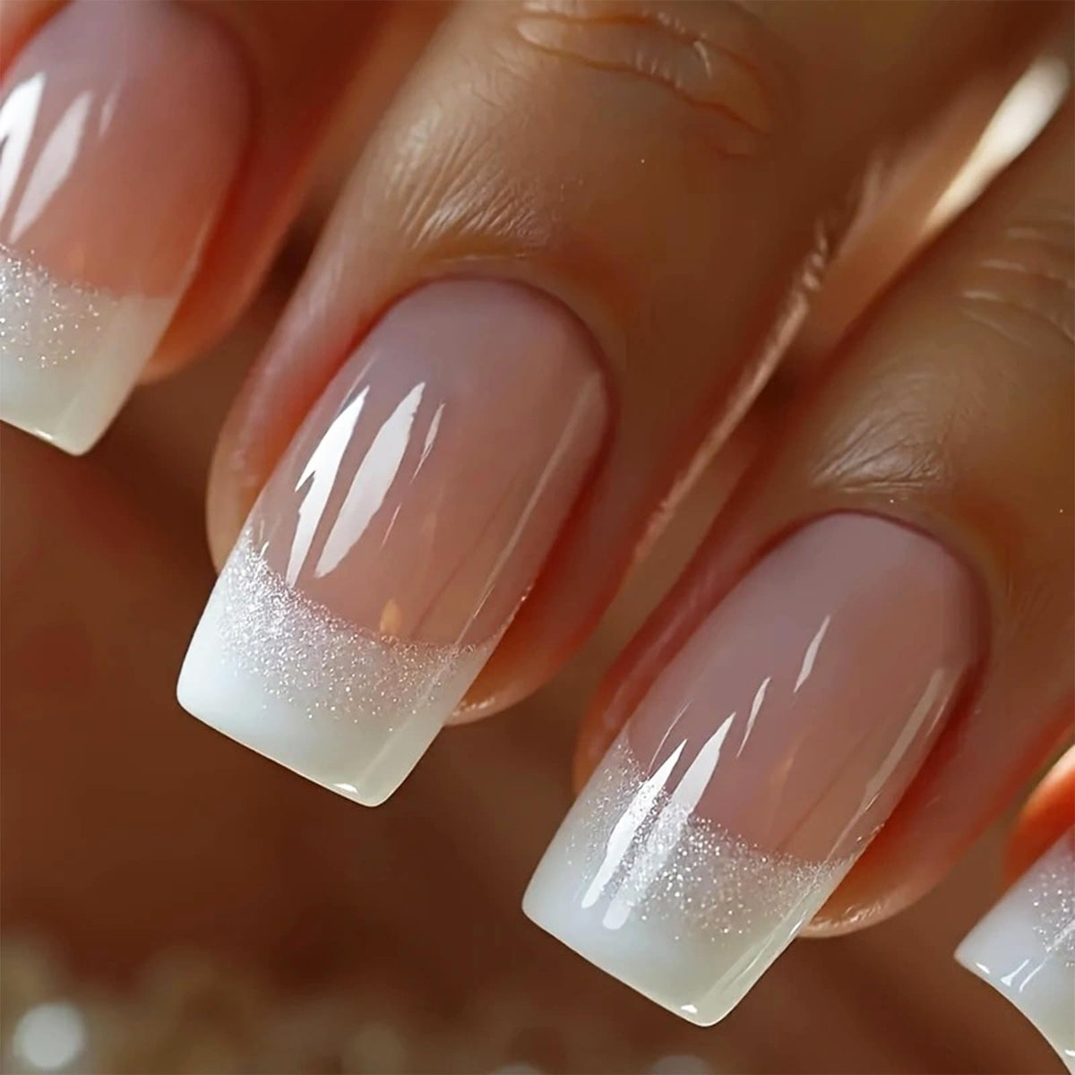 NEWSPIED front packaging showing 24-piece silver glitter French-tip nails and contents, easy selection