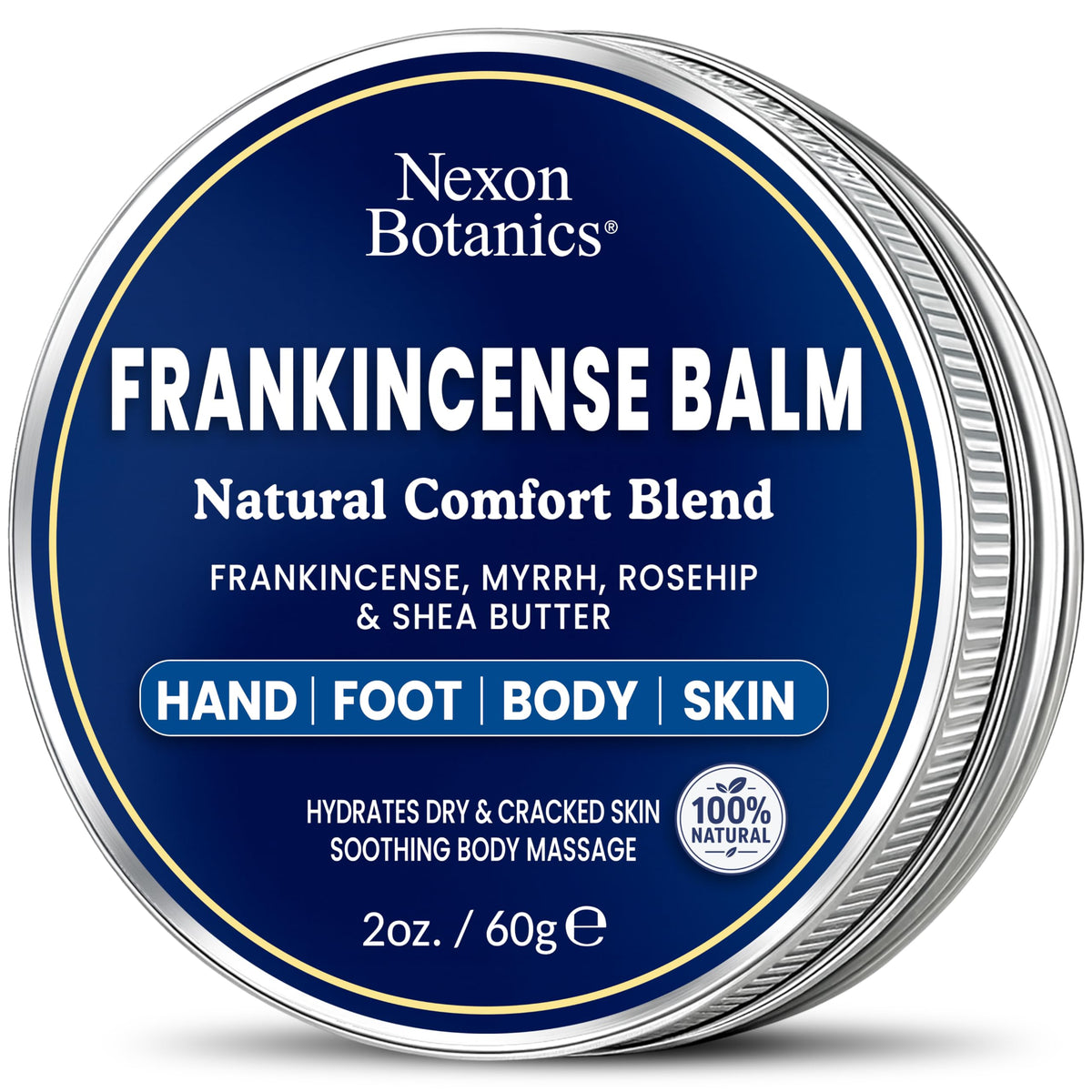 Nexon Botanics jar front view showing frankincense balm and clear labeling for quick identification