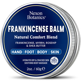 Nexon Botanics jar front view showing frankincense balm and clear labeling for quick identification