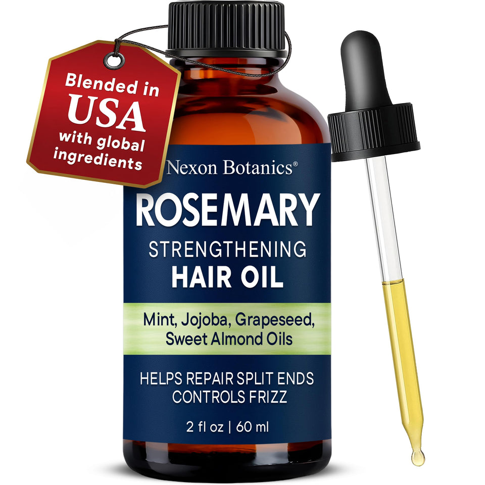 Nexon Botanics front bottle view showing rosemary hair oil packaging and benefits