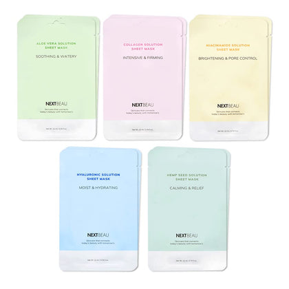 NEXTBEAU front packaging showing all five mask types and benefits