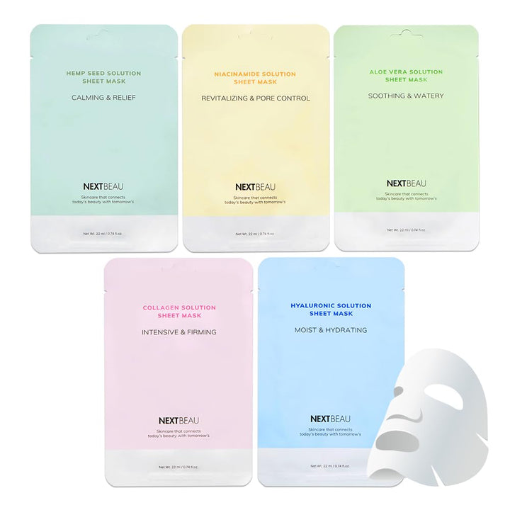 NEXTBEAU front packaging showing the mixed pack of 20 masks and benefits
