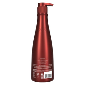 Nexxus bottle held in hand indicating 13.5 oz size and professional strength