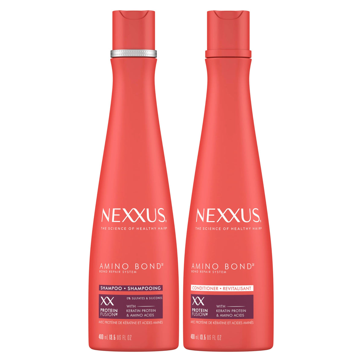 Nexxus front packaging showing shampoo and conditioner for visible salon-quality repair
