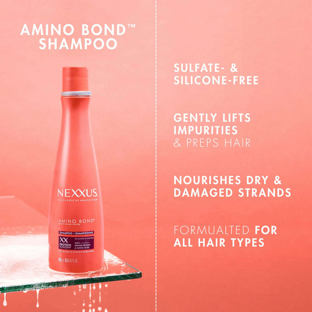 Nexxus in-use shower image illustrating lathering shampoo for deeper bond rebuilding