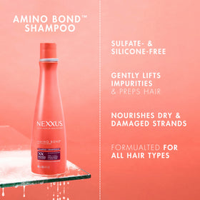 Nexxus in-use shower image illustrating lathering shampoo for deeper bond rebuilding