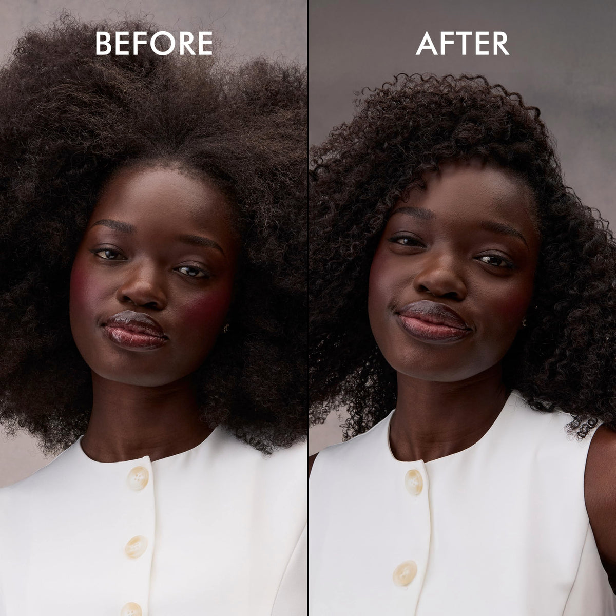 Nexxus before and after showing reduced frizz and polished shine