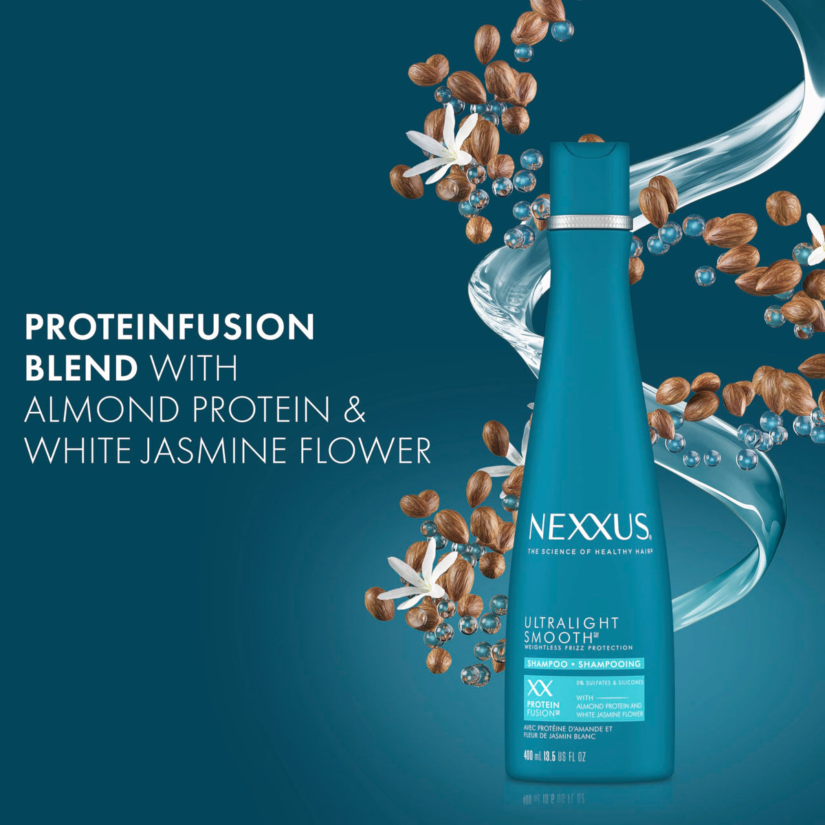Nexxus before-and-after smoothing result showing reduced frizz and added shine