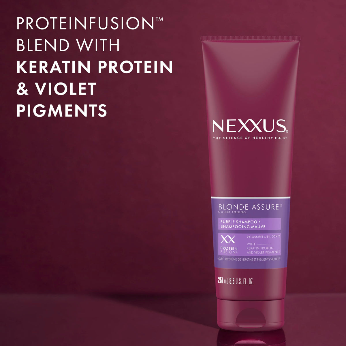 Nexxus 8.5 oz bottle in hand showing real-world size and portability
