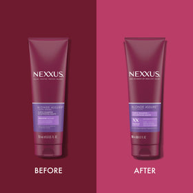 Nexxus creamy purple shampoo texture highlighting violet pigments