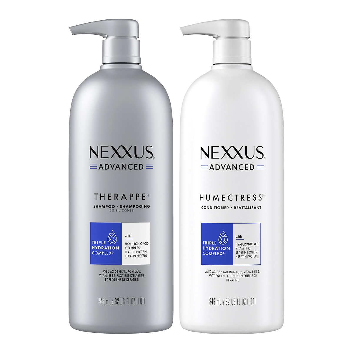 Nexxus bottle close-up of pump and label highlighting easy dispensing benefit