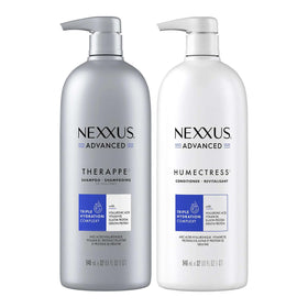 Nexxus bottle close-up of pump and label highlighting easy dispensing benefit