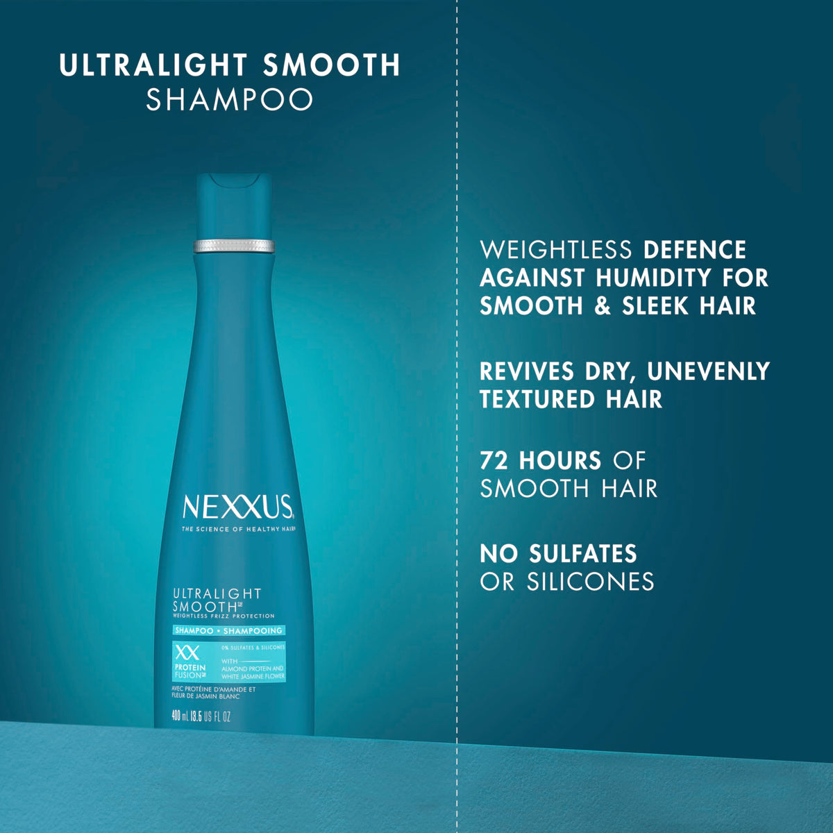 Nexxus bottle in bathroom setting illustrating everyday use and shelf-ready design