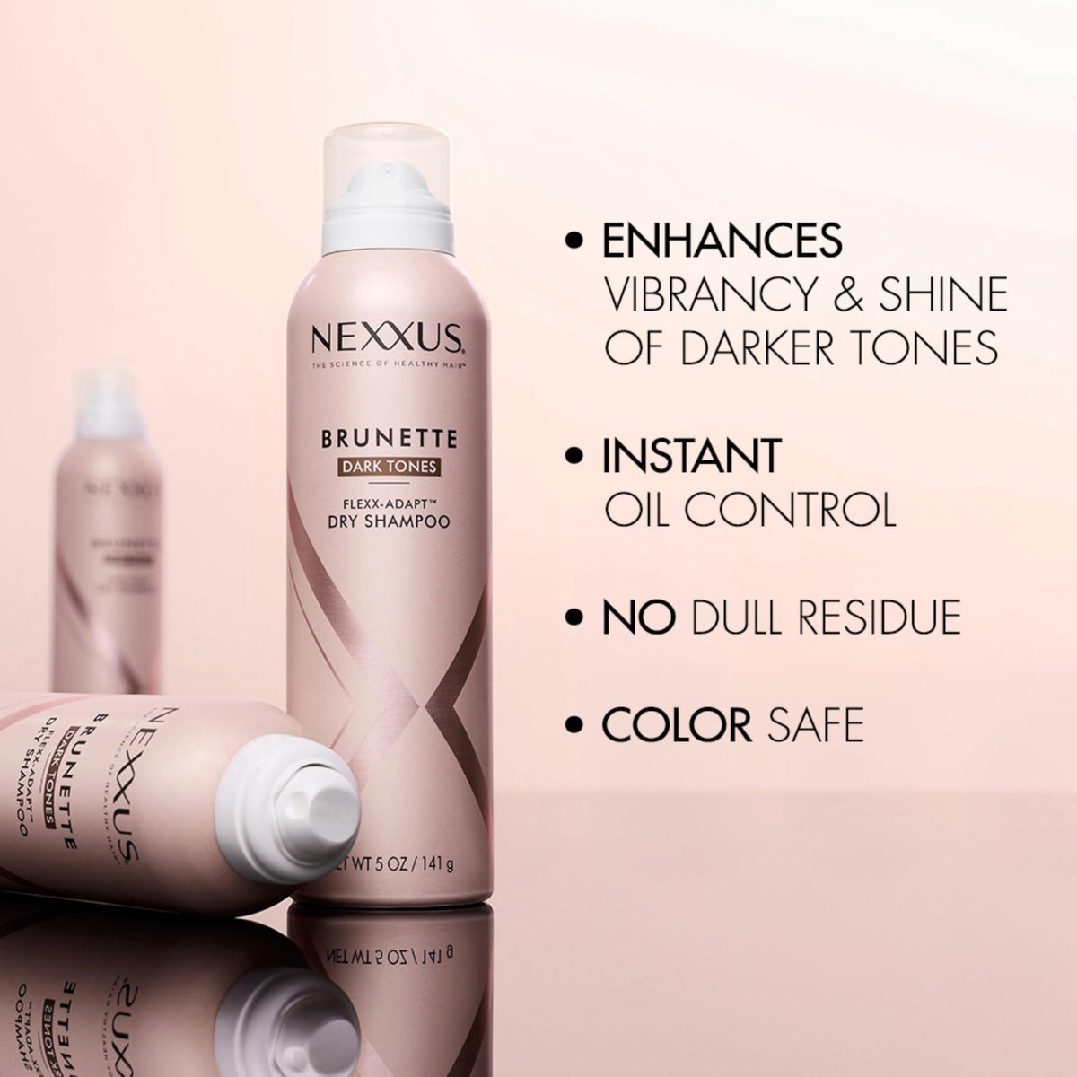 Nexxus finished styled dark hair showing vibrancy and shine