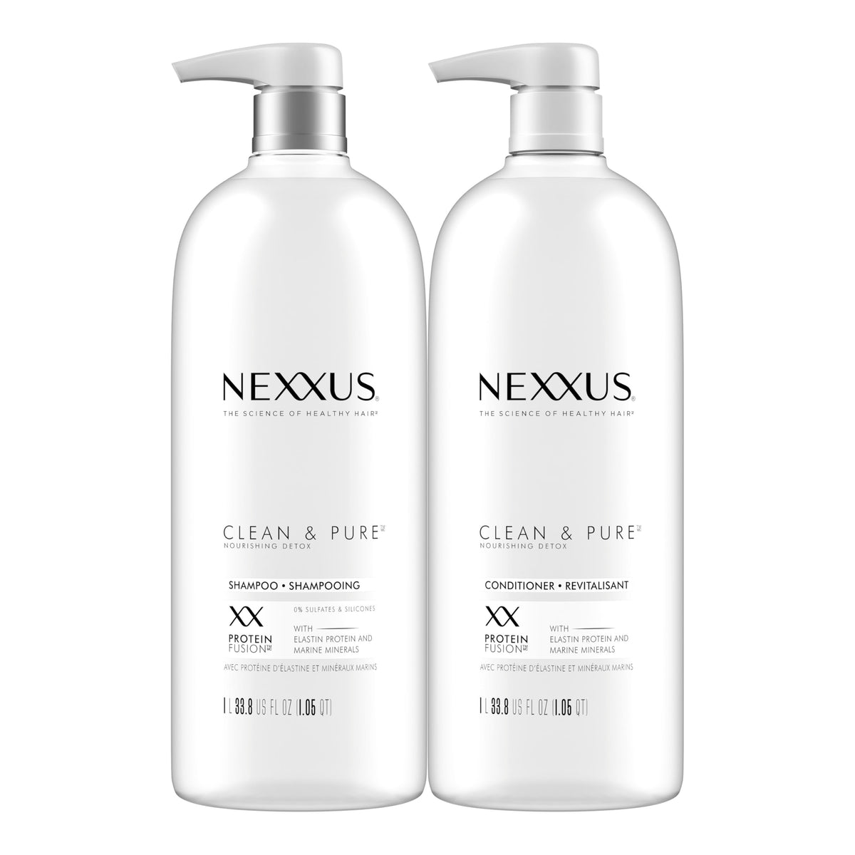 Nexxus front packaging showing 33.8 oz duo and clear benefits