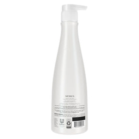 Nexxus bottle next to hand showing 13.5 oz scale and travel clarity