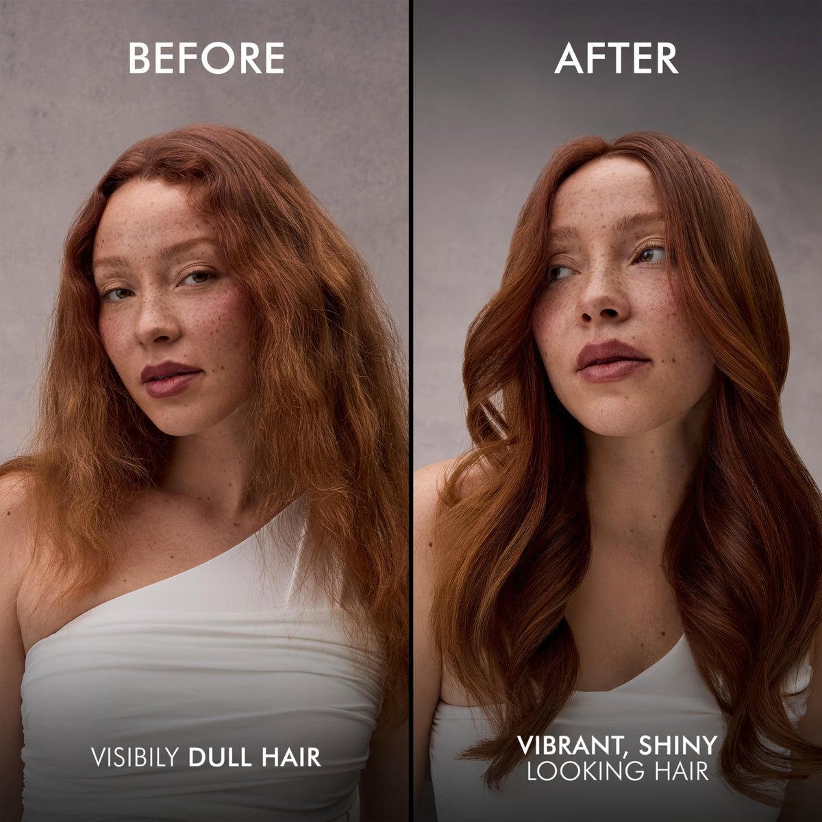 Nexxus before and after hair shine comparison showing improved vibrancy