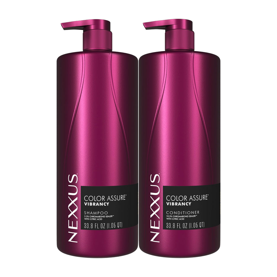 Nexxus front packaging showing shampoo and conditioner duo and benefits