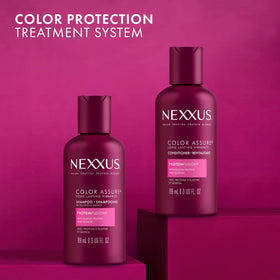 Nexxus bottle staged in bathroom showing ease of use and travel-friendly size