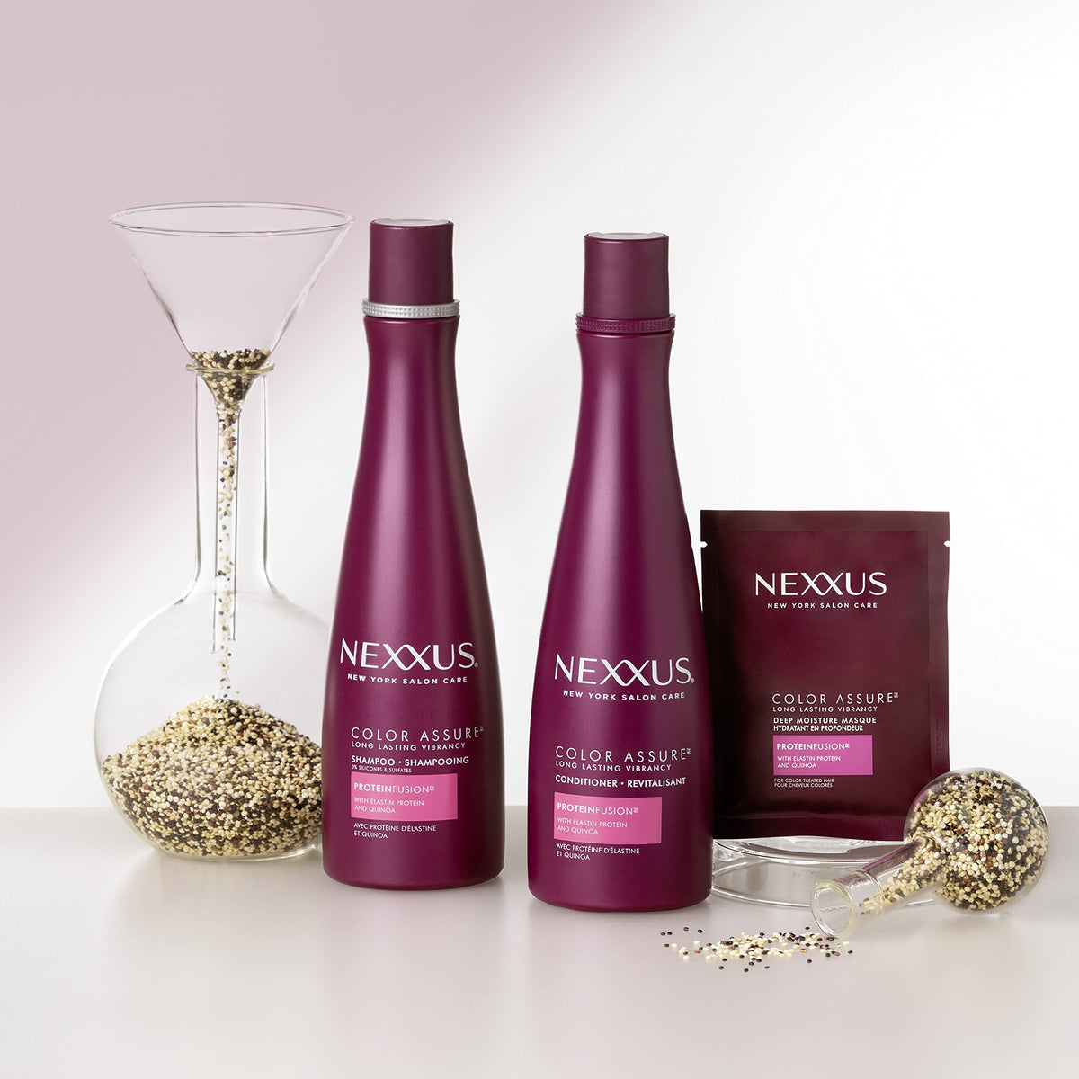 Nexxus products in use under shower showing color-safe routine benefit