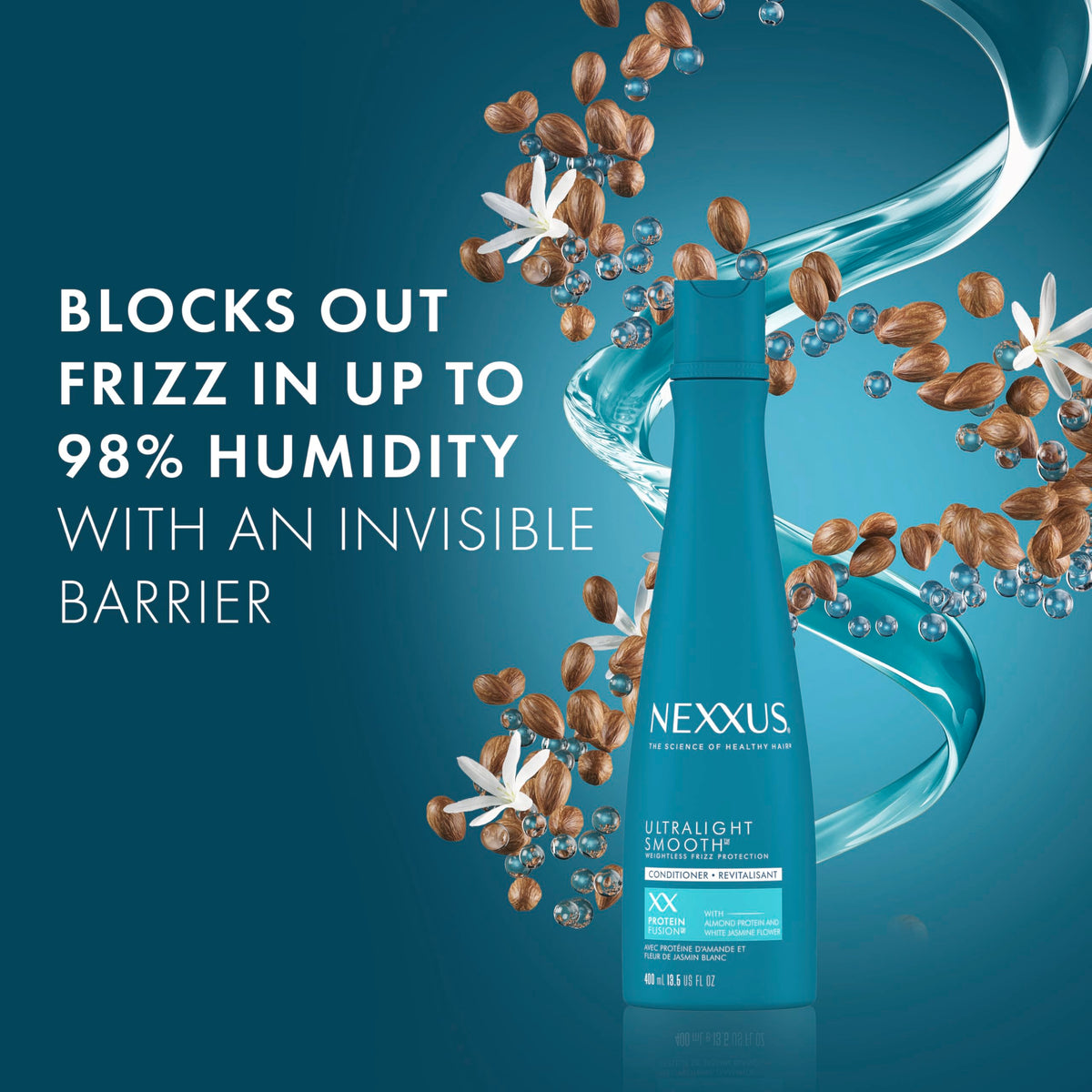Nexxus conditioner being rinsed from hair in shower for frizz control