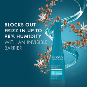 Nexxus conditioner being rinsed from hair in shower for frizz control